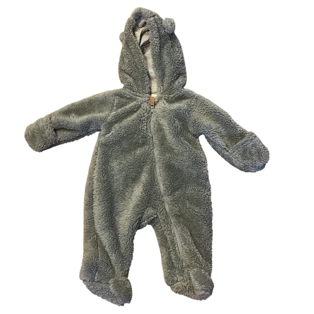 Carter's Hooded Suit Baby Size 3M Sherpa Blue Green Zip Up Gender Neutral